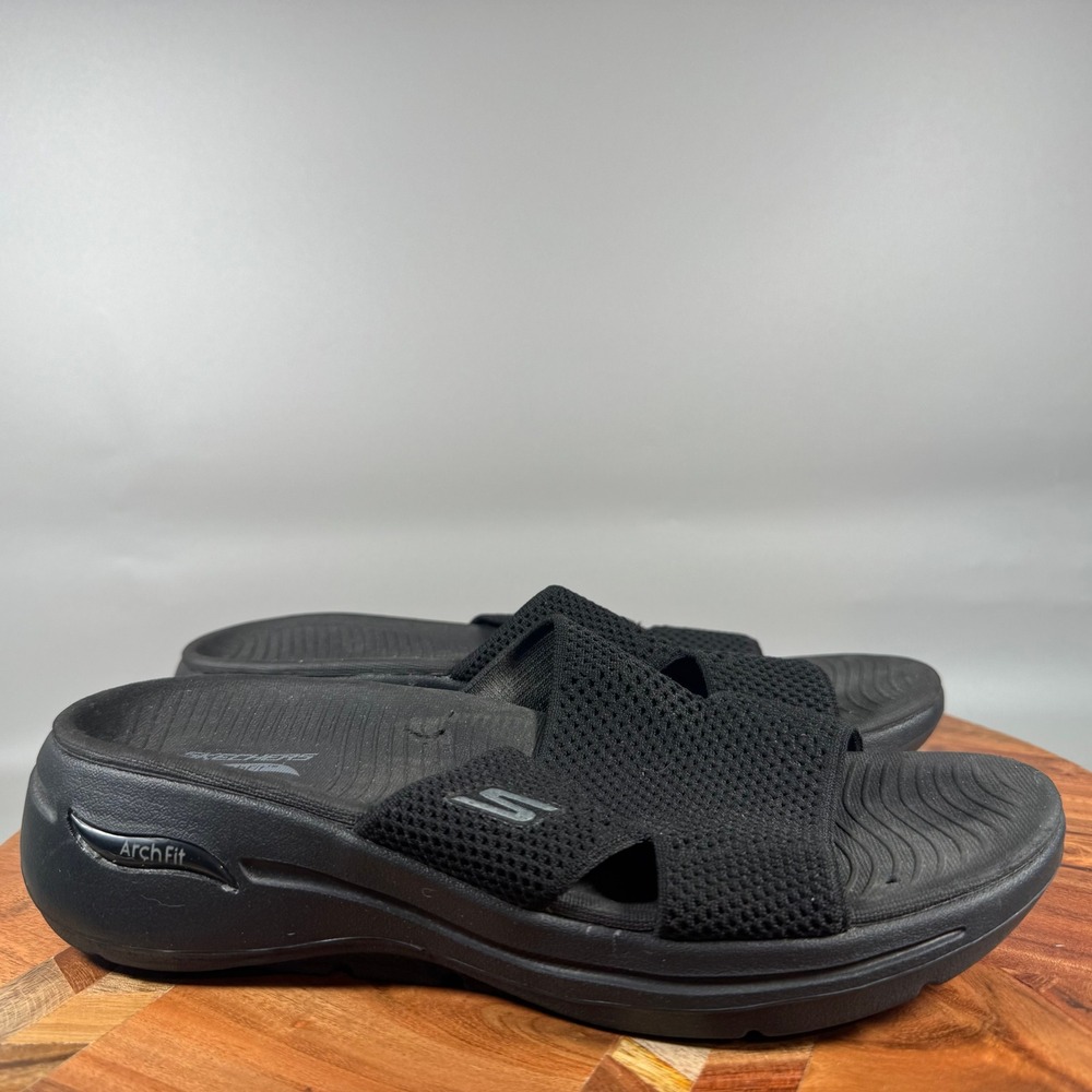 Skechers Arch Fit Women 7 Black Slide Sandals Ultra Go Knit 140224 BBK